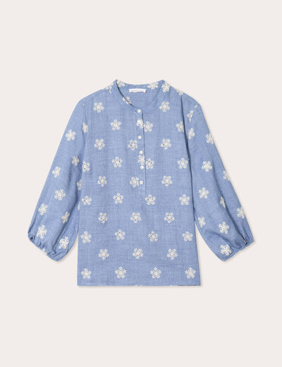 Blouse manches 3/4 brodée bleu femme