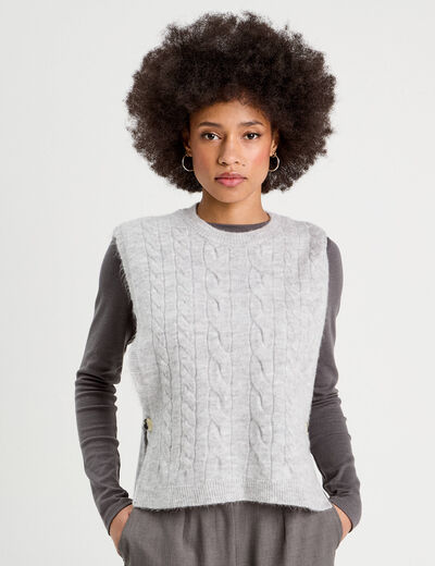 Pull sans manches torsades gris clair femme