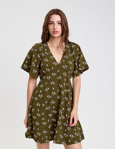 Robe évasée manches courtes vert kaki femme