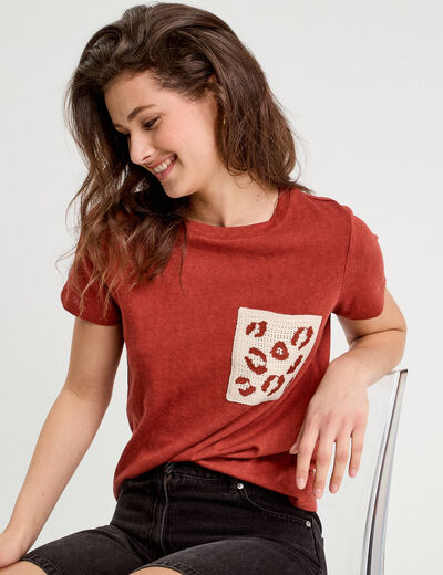 T-shirt manches courtes marron cognac femme