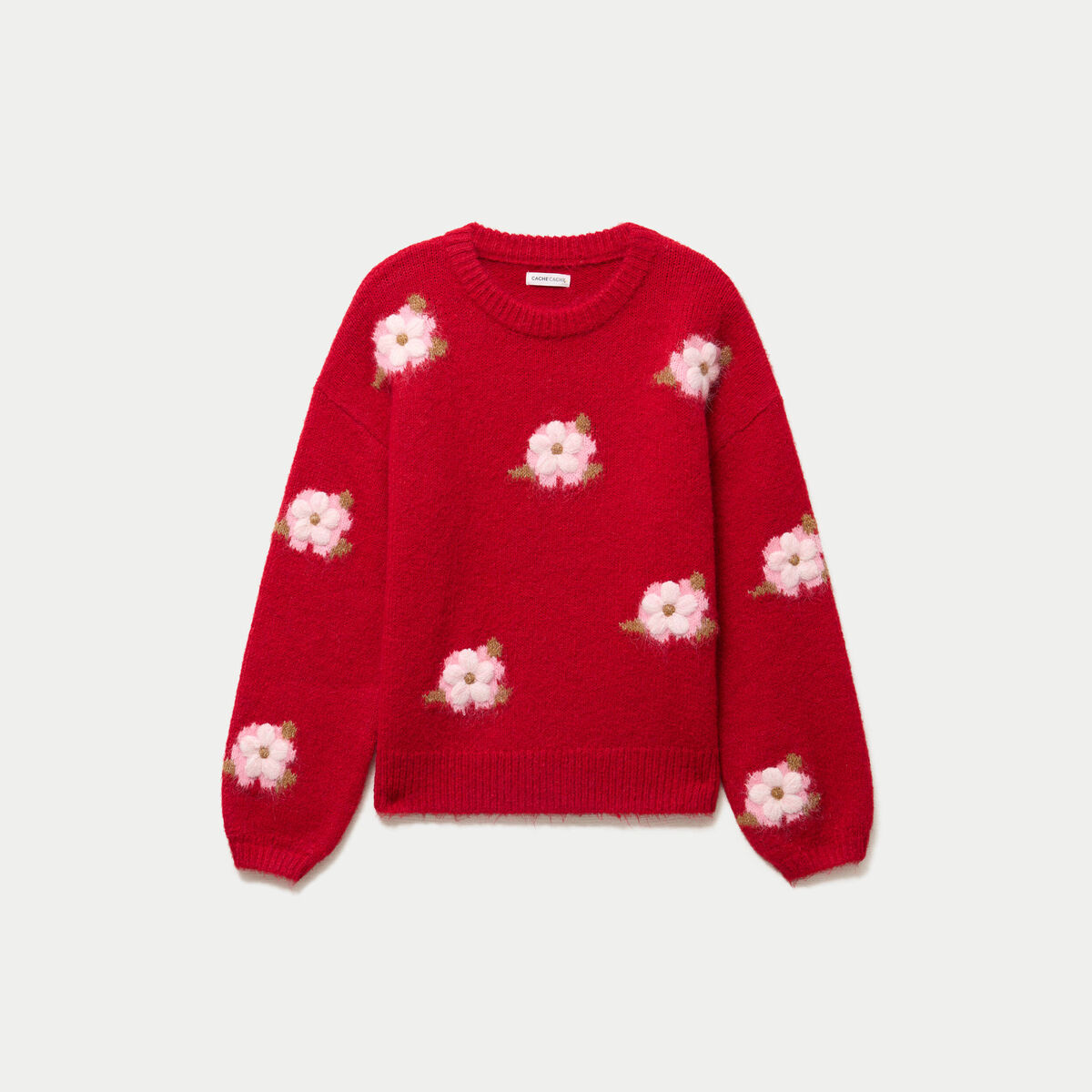 Pull ample col rond manches longues rouge femme