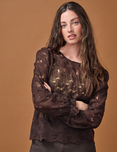 Blouse en dentelle d&eacute;collet&eacute; dos marron fonc&eacute; femme