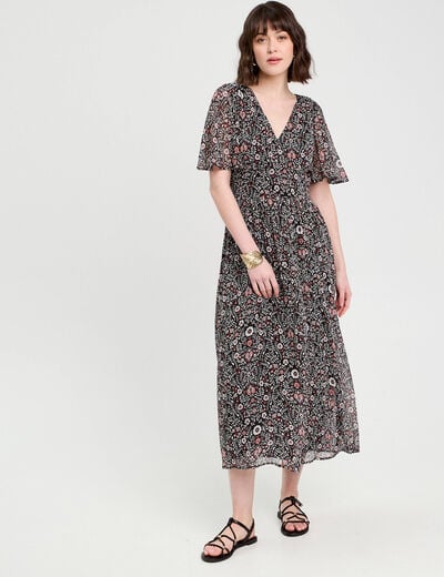 Robe longue évasée col en V noir femme