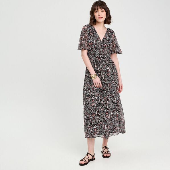 Robe longue évasée col en V noir femme