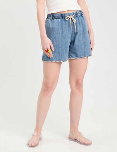 Short flare brodé en jean denim double stone femme