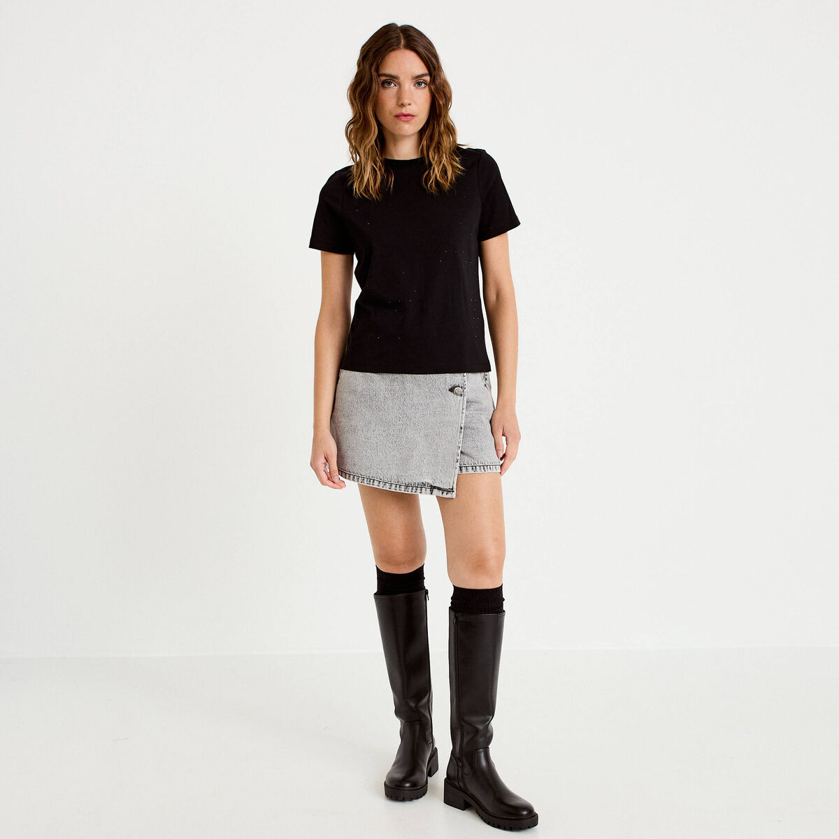 T-shirt col rond manches courtes noir femme