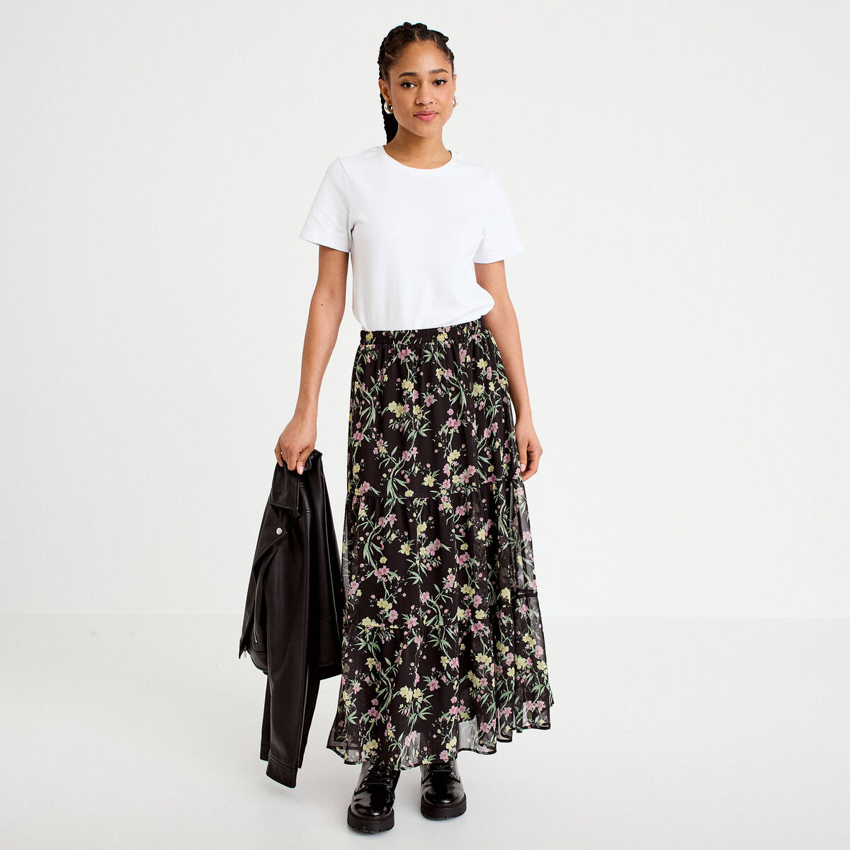 Jupe longue &eacute;vas&eacute;e en voile transparent noir femme