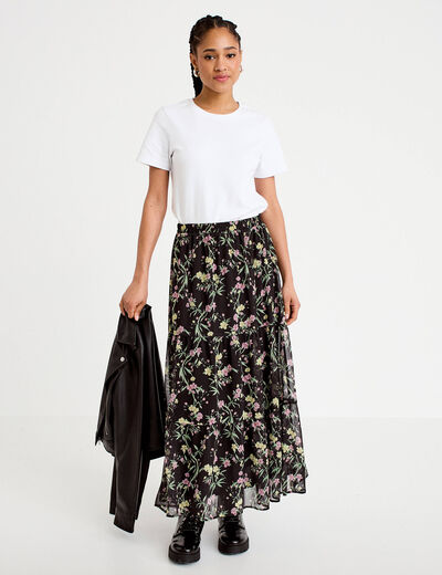 Jupe longue &eacute;vas&eacute;e en voile transparent noir femme