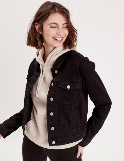 Veste droite boutonnée en jean noir femme