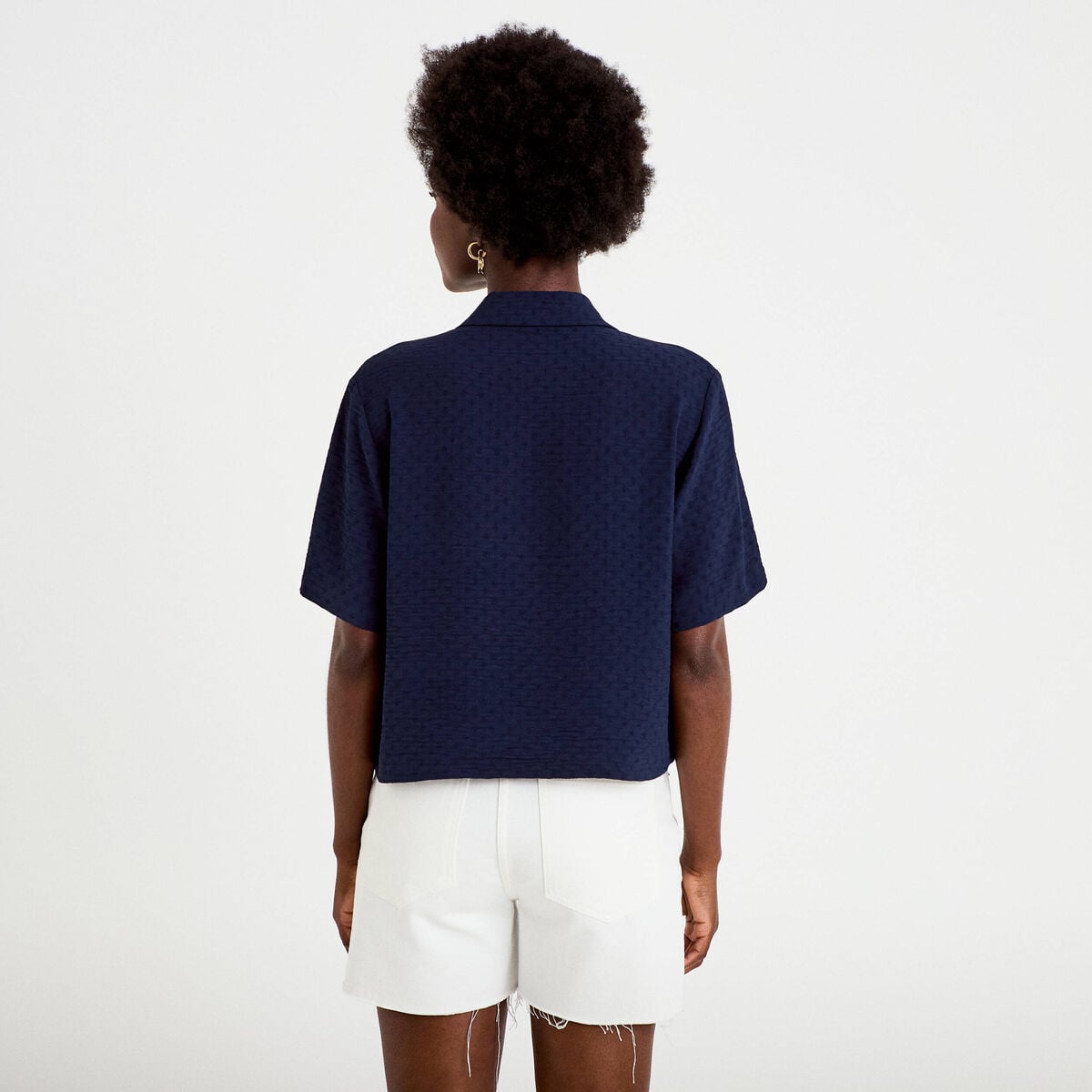 Chemise droite cropped col classique bleu marine femme