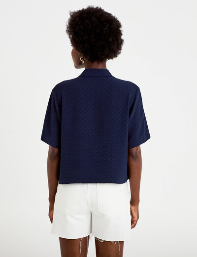 Chemise droite cropped col classique bleu marine femme