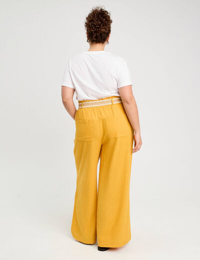 Pantalon large ceinturé contenant du lin jaune citron femme