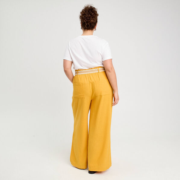 pantalon large ceinture contenant du lin jaune citron femme Pantalon large ceinturé contenant du lin jaune citron femme