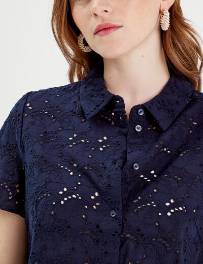 Chemise manches courtes brodée bleu marine femme