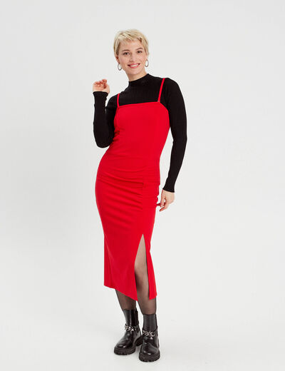 Robe longue ajustée fronces rouge femme