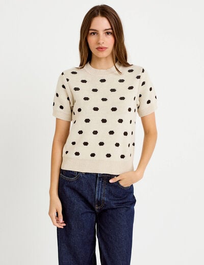 Pull cintr&eacute; col rond manches courtes ecru femme