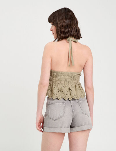 Crop top tricot avec broderie vert kaki femme