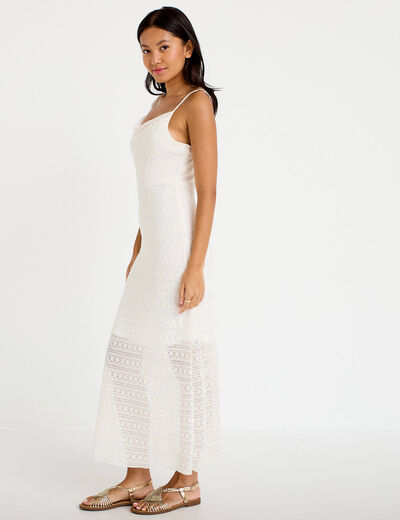 Robe longue droite col b&eacute;nitier dentelle ecru femme