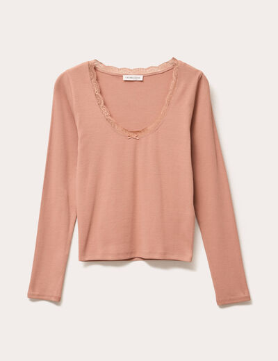 T-shirt manches longues côtelé vieux rose femme