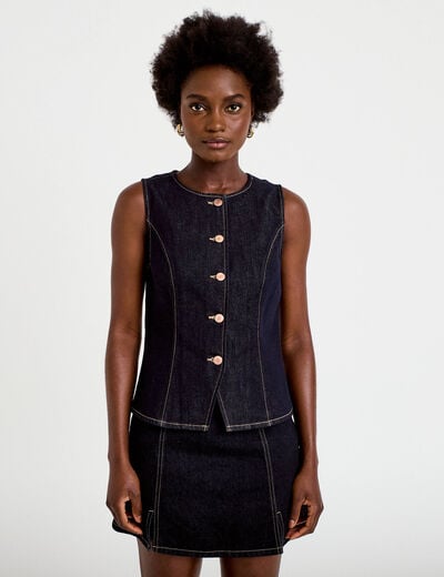 Gilet cintr&eacute; sans manches en jean denim brut femme
