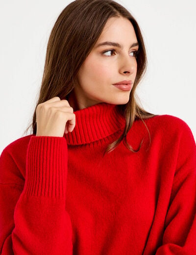 Pull col roul&eacute; manches longues rouge femme