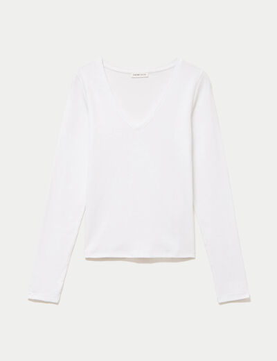 Top ajust&eacute; col v manches longues blanc femme