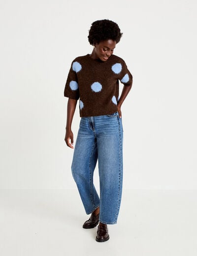Pull col rond manches courtes marron fonc&eacute; femme
