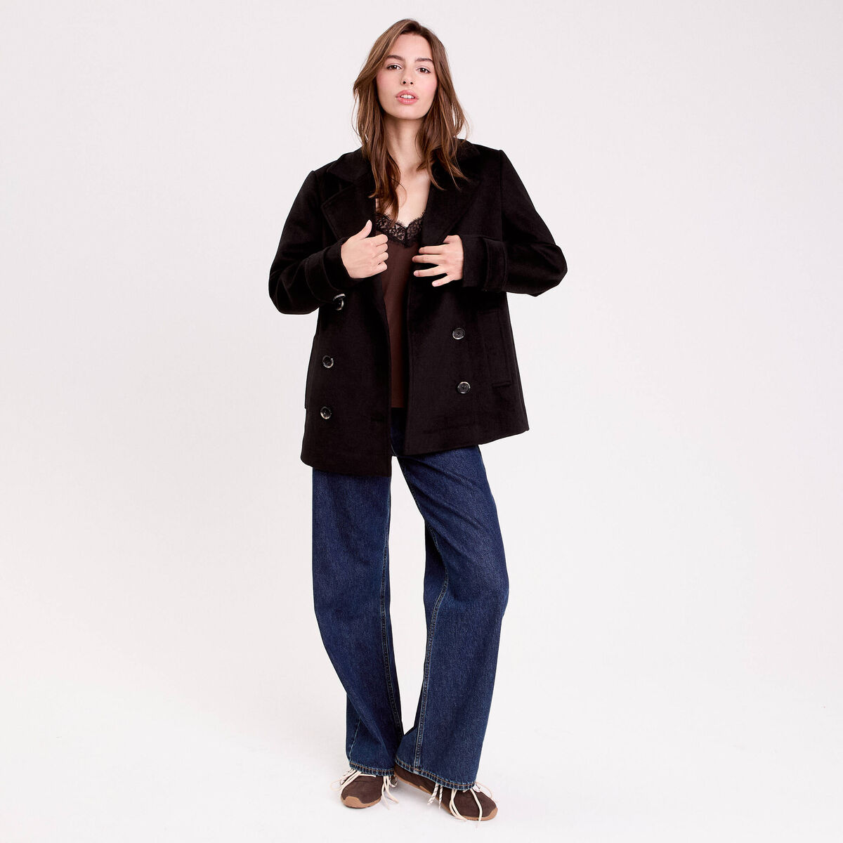 Caban col tailleur manches longues noir femme