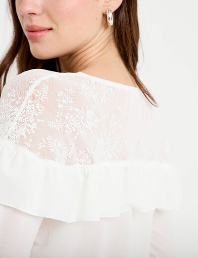 Blouse col v manches longues dentelle ecru femme