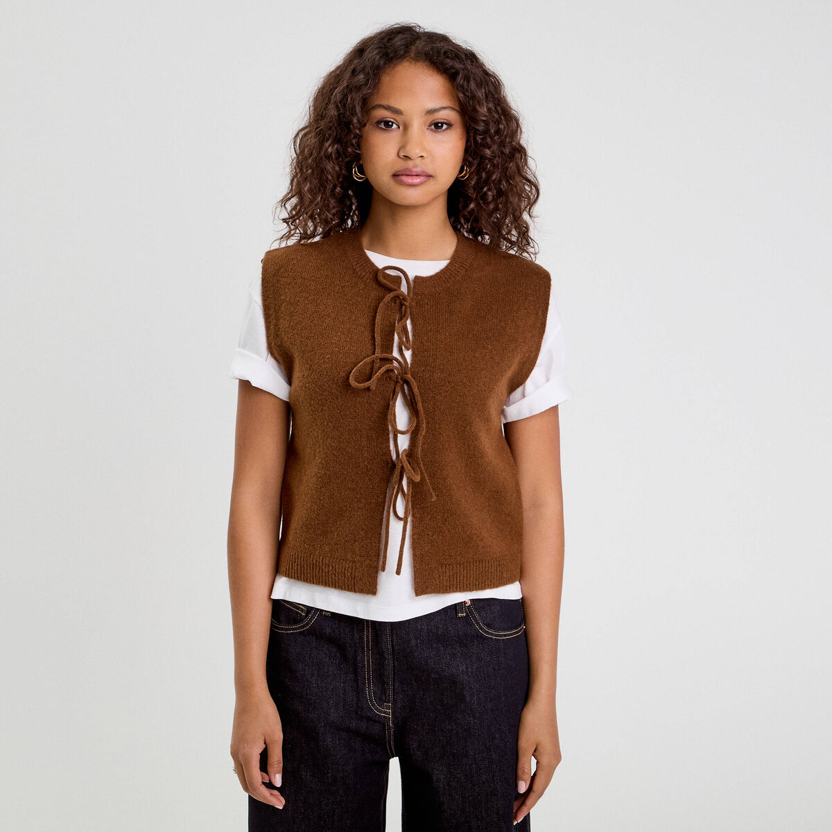 Gilet sans manches noué marron femme