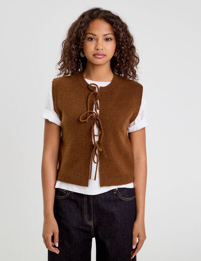 Gilet sans manches noué marron femme