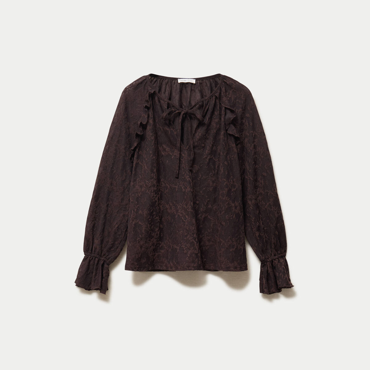 Blouse droite manches longues col rond marron fonc&eacute; femme