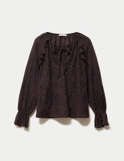 Blouse droite manches longues col rond marron fonc&eacute; femme