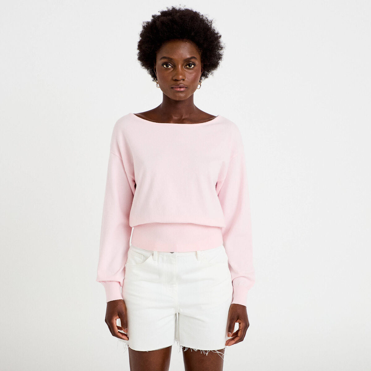 Pull ample manches longues fin rose clair femme