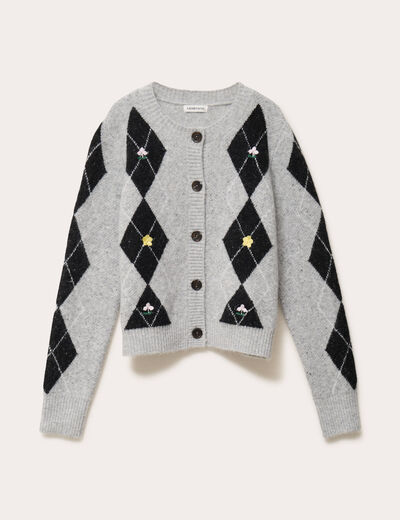Gilet broderie col rond manches longues gris clair femme