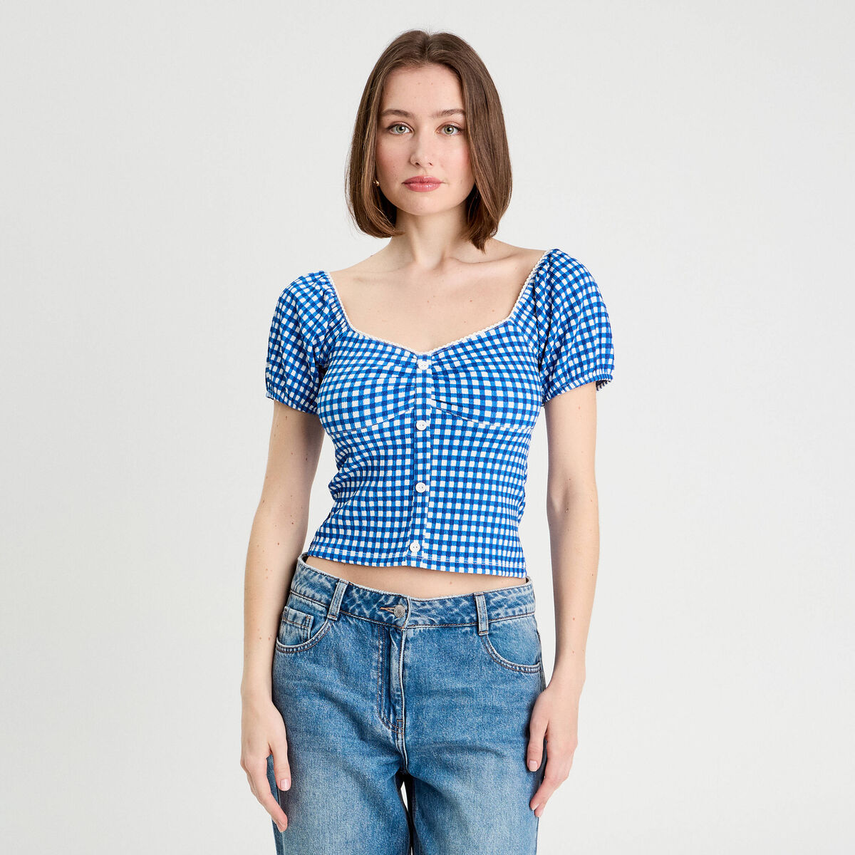 Blouse cropped bleu electrique femme