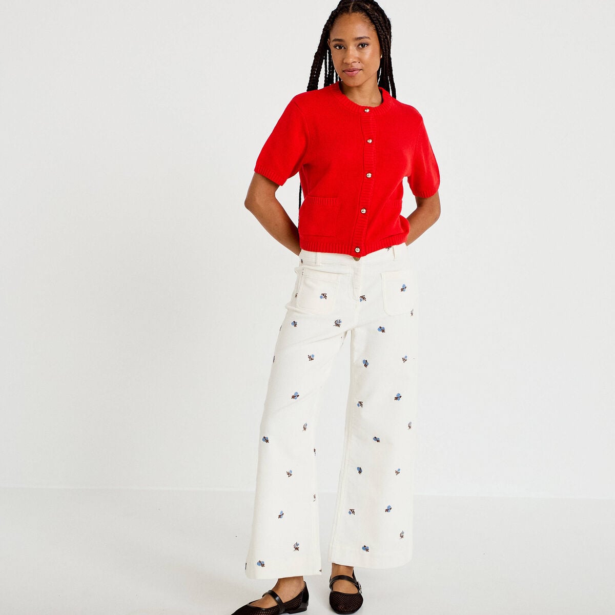 Pantalon bootcut taille haute velours blanc femme