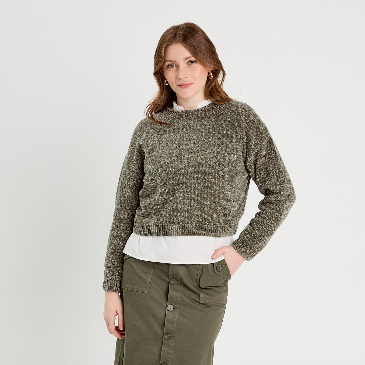 Pull col montant vert kaki femme