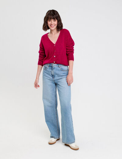 Gilet boutonné avec col en V rose fushia femme