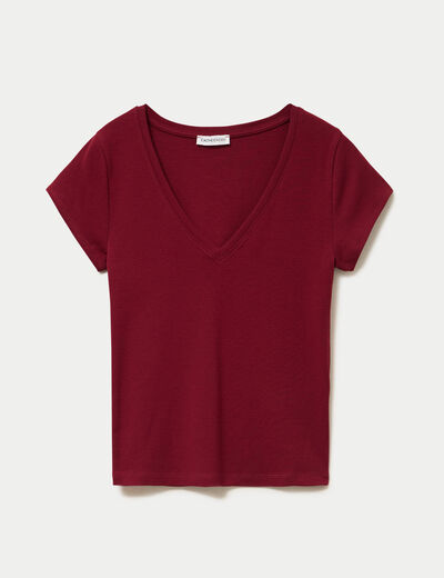 T-shirt ajust&eacute; col v manches courtes rouge femme