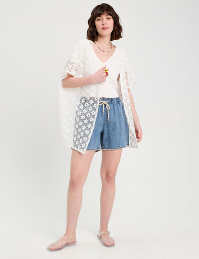 Short flare brodé en jean denim double stone femme