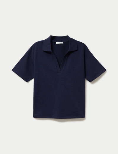 Sweat col chemise manches courtes bleu marine femme