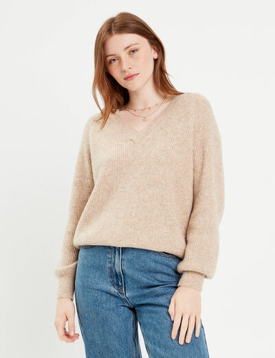 Pull avec col en V beige femme