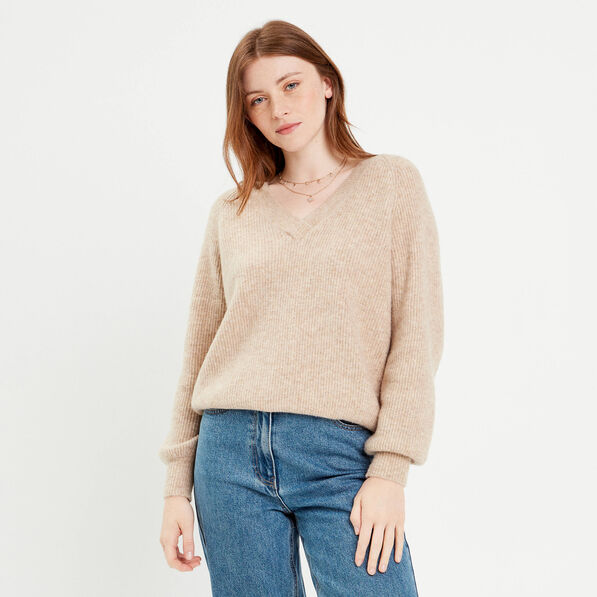 Pull avec col en V beige femme