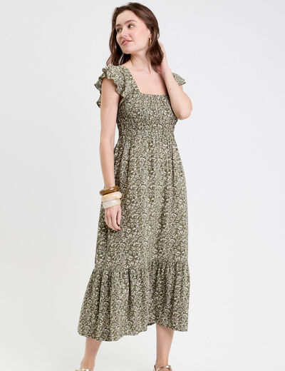 Robe longue évasée smockée vert kaki femme