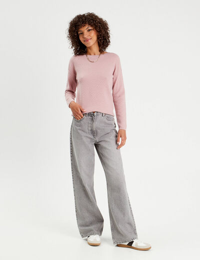 Pull col rond rose poudrée femme