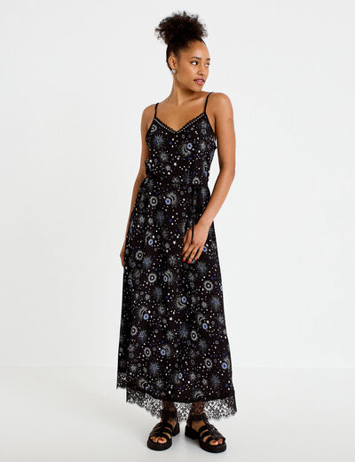 Robe longue &eacute;vas&eacute;e col v dentelle noir femme
