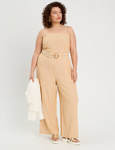 Combinaison pantalon bretelles avec lin jaune femme