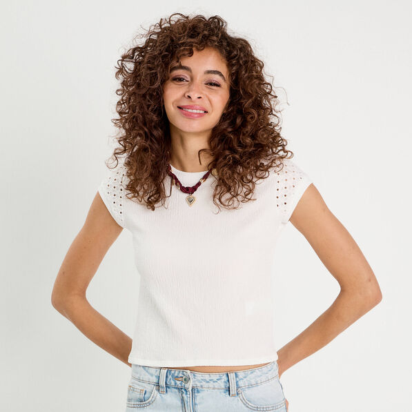 T-shirt détails ajourés ecru femme