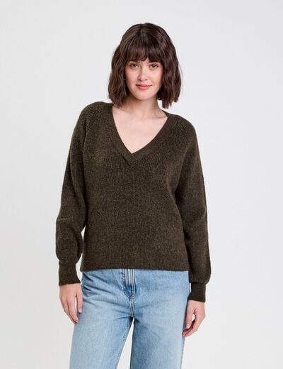 Pull avec col en V vert kaki femme